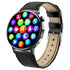 Modern black leather strap smartwatch with round touchscreen and colorful app icons