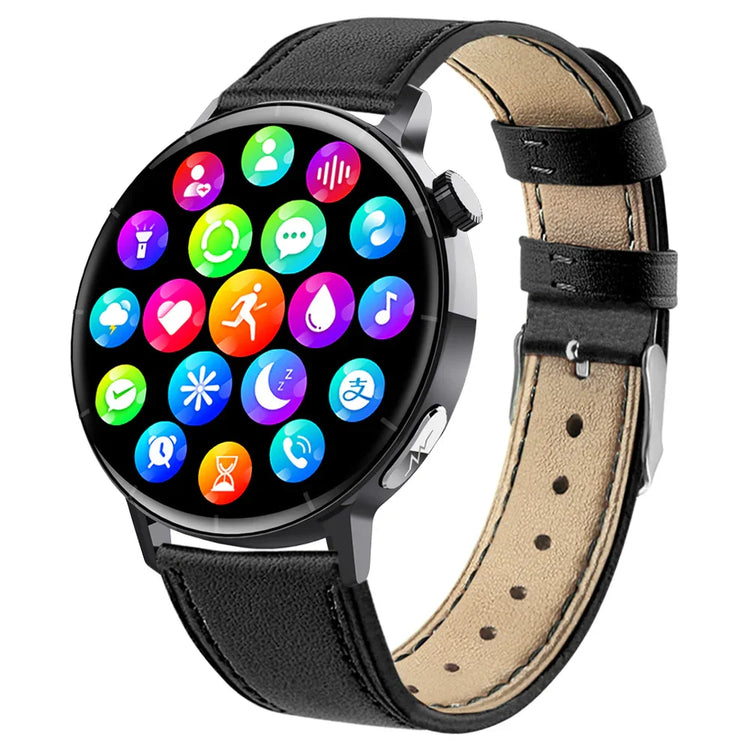Modern black leather strap smartwatch with round touchscreen and colorful app icons