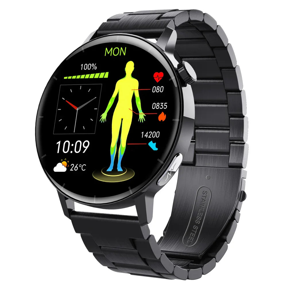Black stainless steel smart watch with round touch display and fitness tracking features
