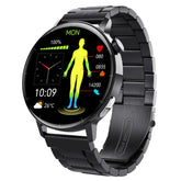 Black stainless steel smart watch with round touch display and fitness tracking features