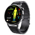 Black stainless steel smart watch with round touch display and fitness tracking features
