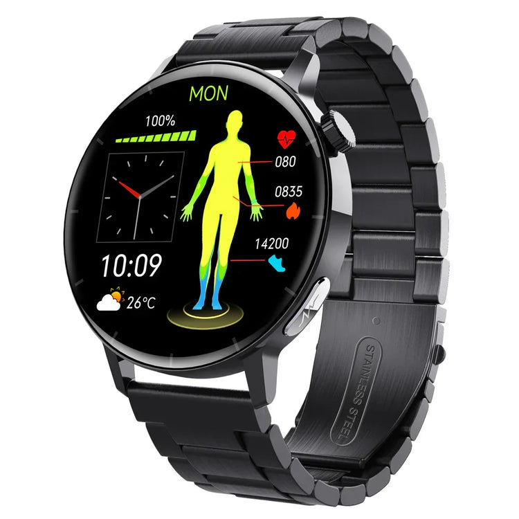Black stainless steel smart watch with round touch display and fitness tracking features