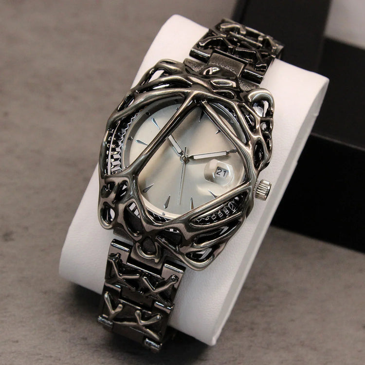Futuristic silver wristwatch with geometric skeleton metal band and triangular face