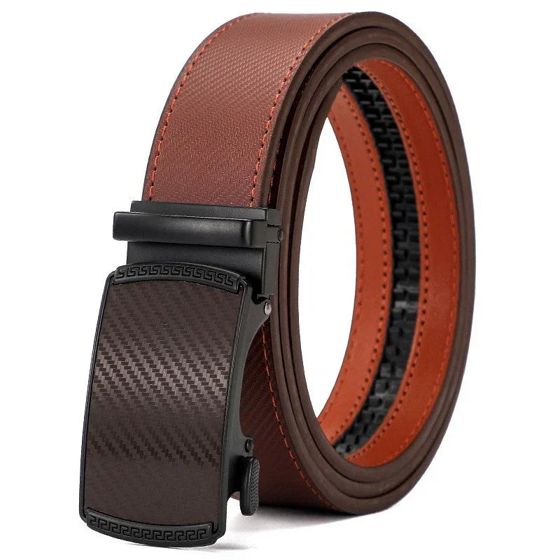 Men's brown leather belt with textured matte buckle and orange stitched accent.