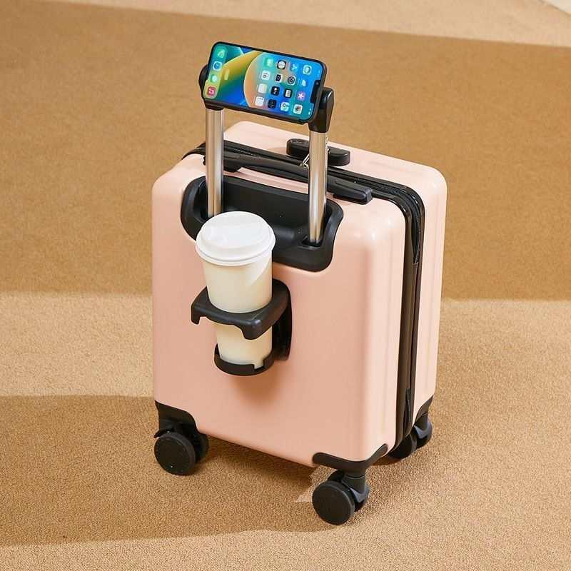 Beige hard-shell rolling suitcase with cup holder and phone holder, compact travel luggage