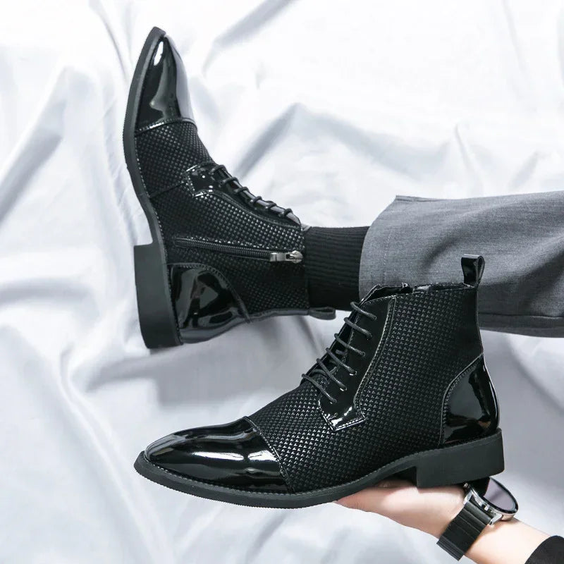 Men's black lace-up ankle boots with textured sides, patent leather accents, and slim fit.