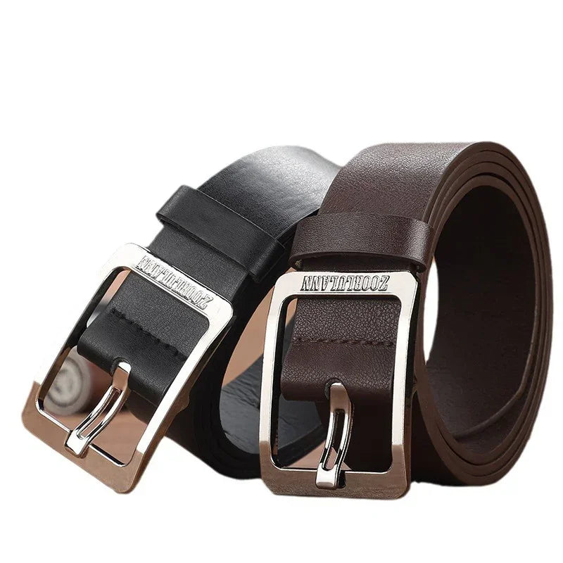 Black and brown leather belts with silver rectangular buckles, classic design, casual fit
