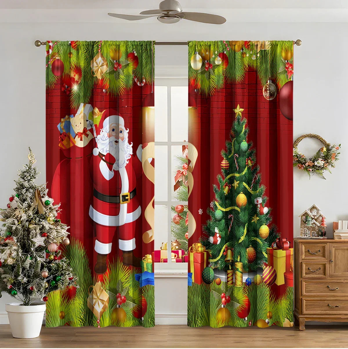 Red holiday curtains with Santa Claus, Christmas tree, ornaments, and presents, in a festive living room.