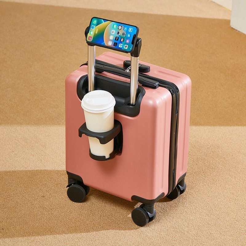 Pink hard-shell carry-on suitcase with cup holder and phone stand, four wheels, modern design