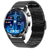 Futuristic black metal smart watch with digital health tracking display and modern fit