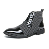 Black lace-up ankle boot with glossy patent leather and textured knit panel, modern fit