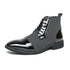 Black lace-up ankle boot with glossy patent leather and textured knit panel, modern fit