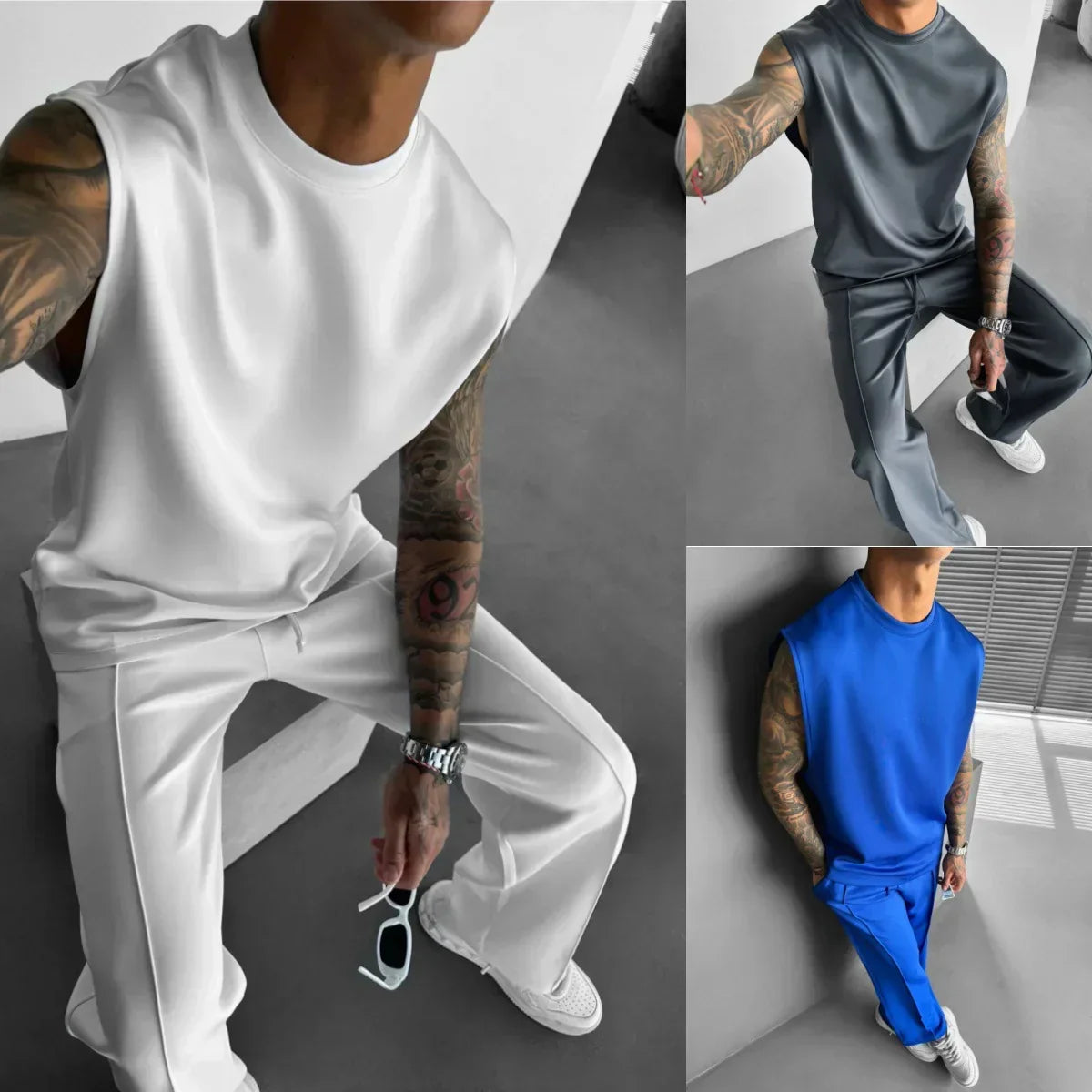 Men’s sleeveless streetwear sets in white, gray, and blue, loose fit, soft fabric