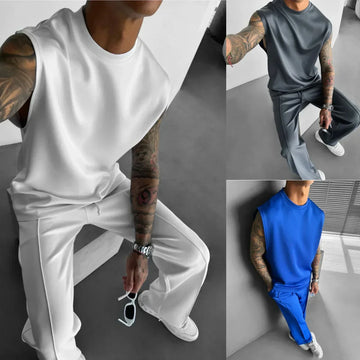 Men’s sleeveless streetwear sets in white, gray, and blue, loose fit, soft fabric