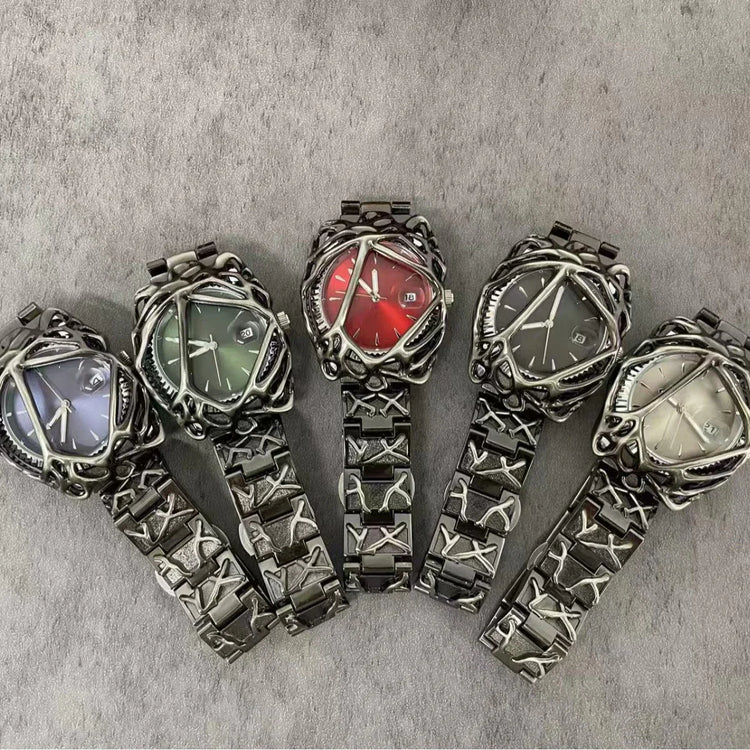 Futuristic streetwear watches with metallic skeleton bracelets and colorful dials in five colors