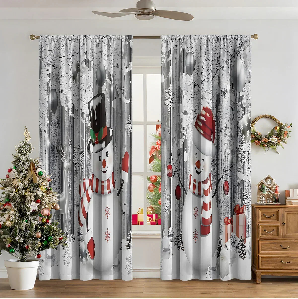 Festive curtains with snowman print, red accents, winter holiday decor, living room setting