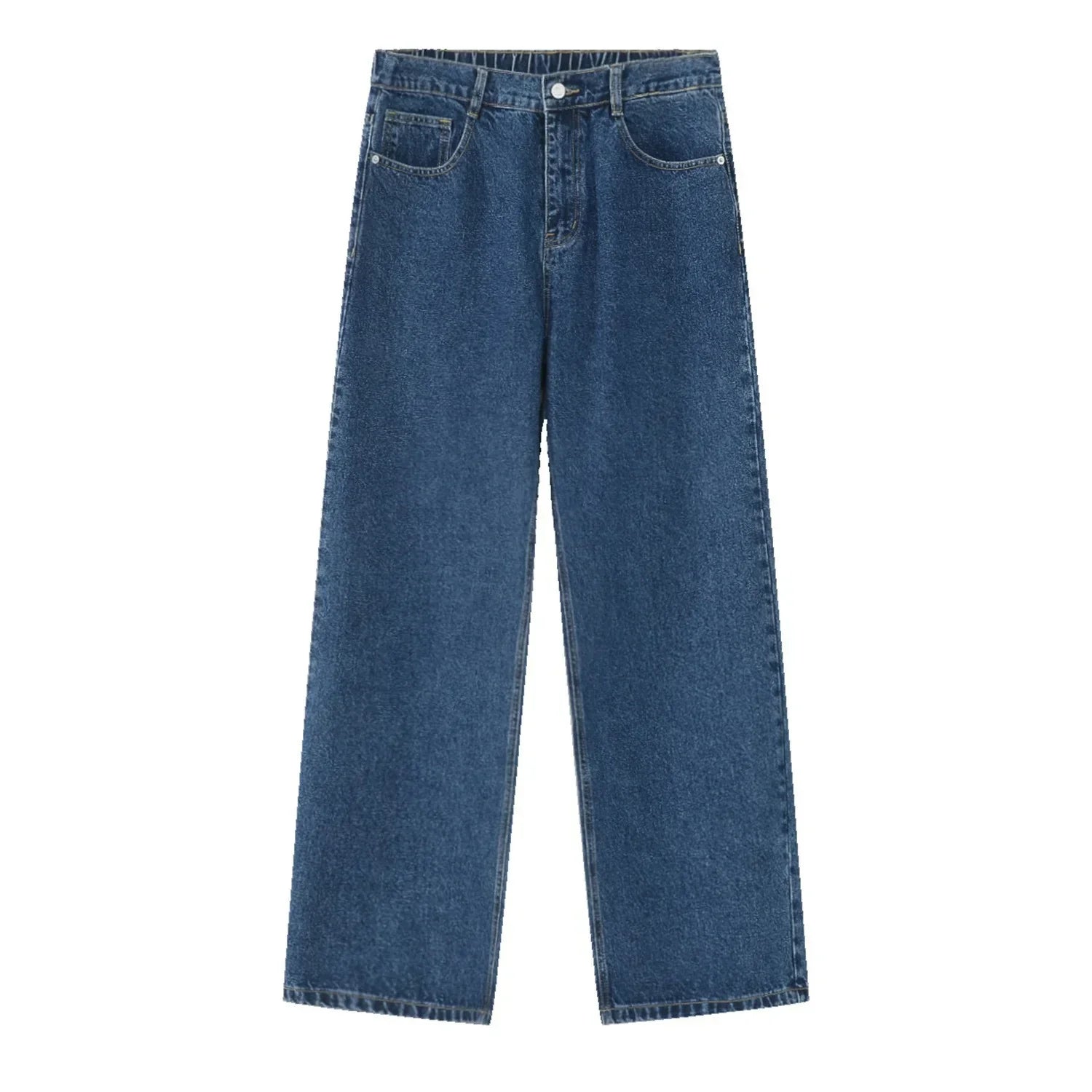 Classic blue straight-leg denim jeans with high waist and relaxed fit