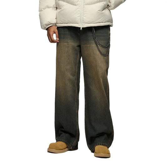 Wide leg faded denim jeans with metal chain accent, loose fit streetwear style