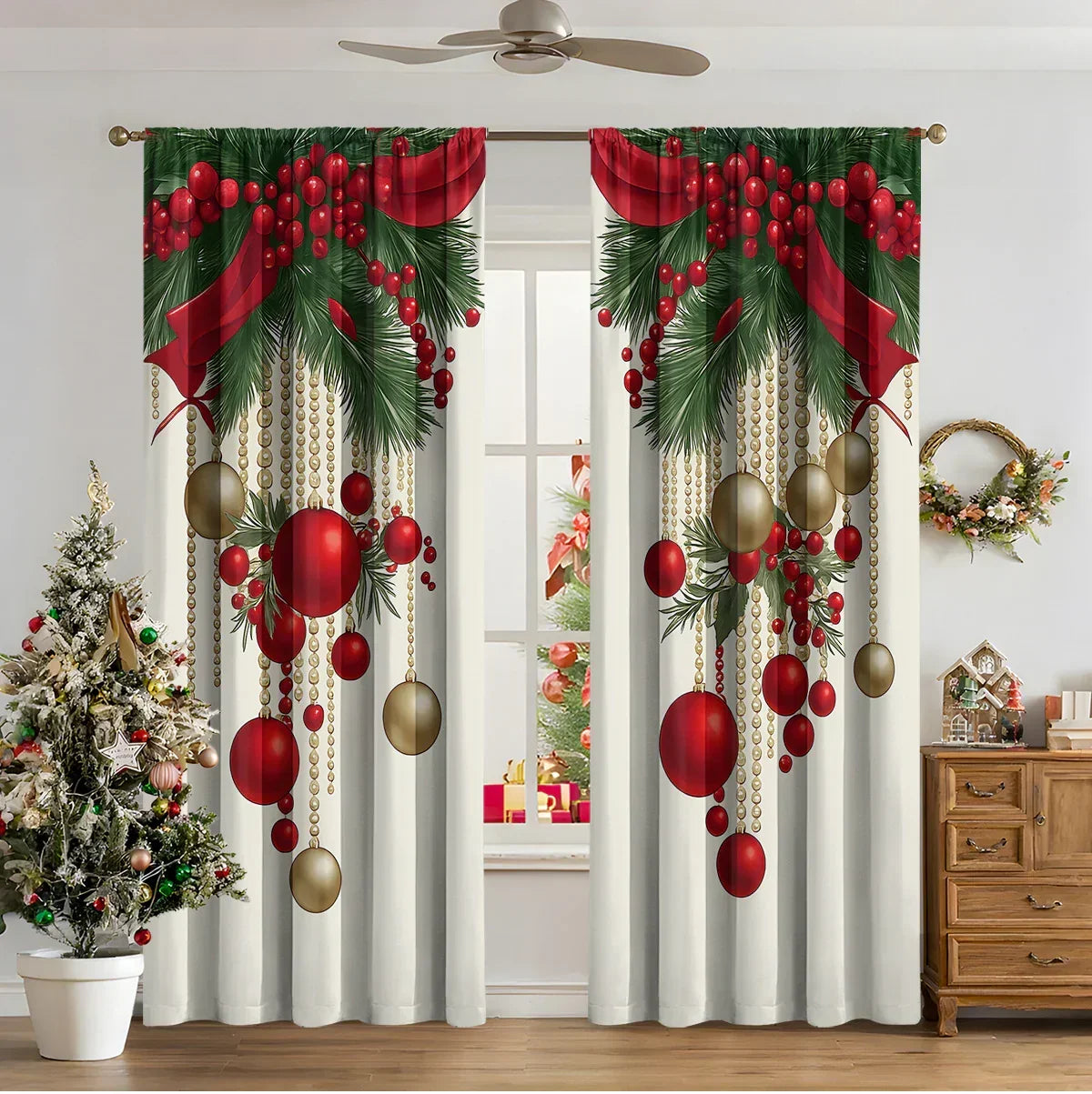 White curtains with festive red and gold ornament print, pine branches, and ribbon design.