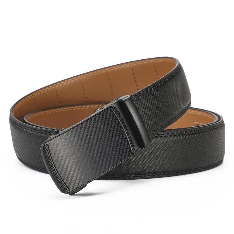 Black carbon fiber textured belt with sleek automatic buckle, modern men's streetwear accessory