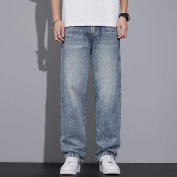 Loose fit light blue straight leg denim jeans for men, casual streetwear style