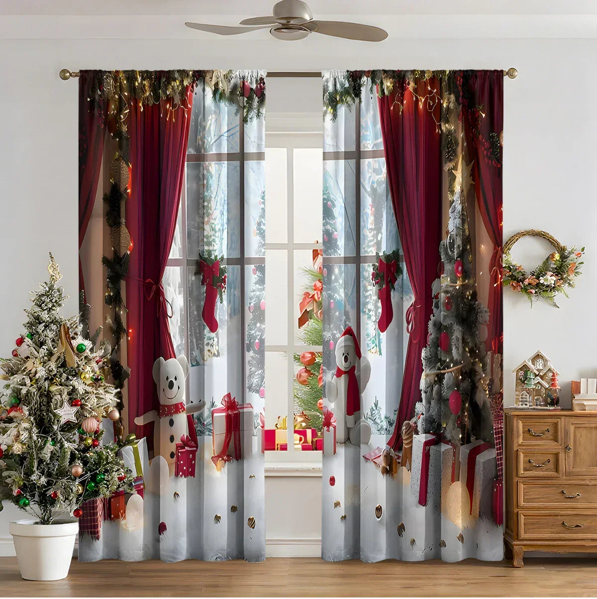 Festive red and white Christmas curtains with printed teddy bears, stockings, gift boxes, and snowy tree.