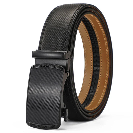 Black carbon fiber pattern belt with ratchet buckle, sleek minimalist style, leather trim
