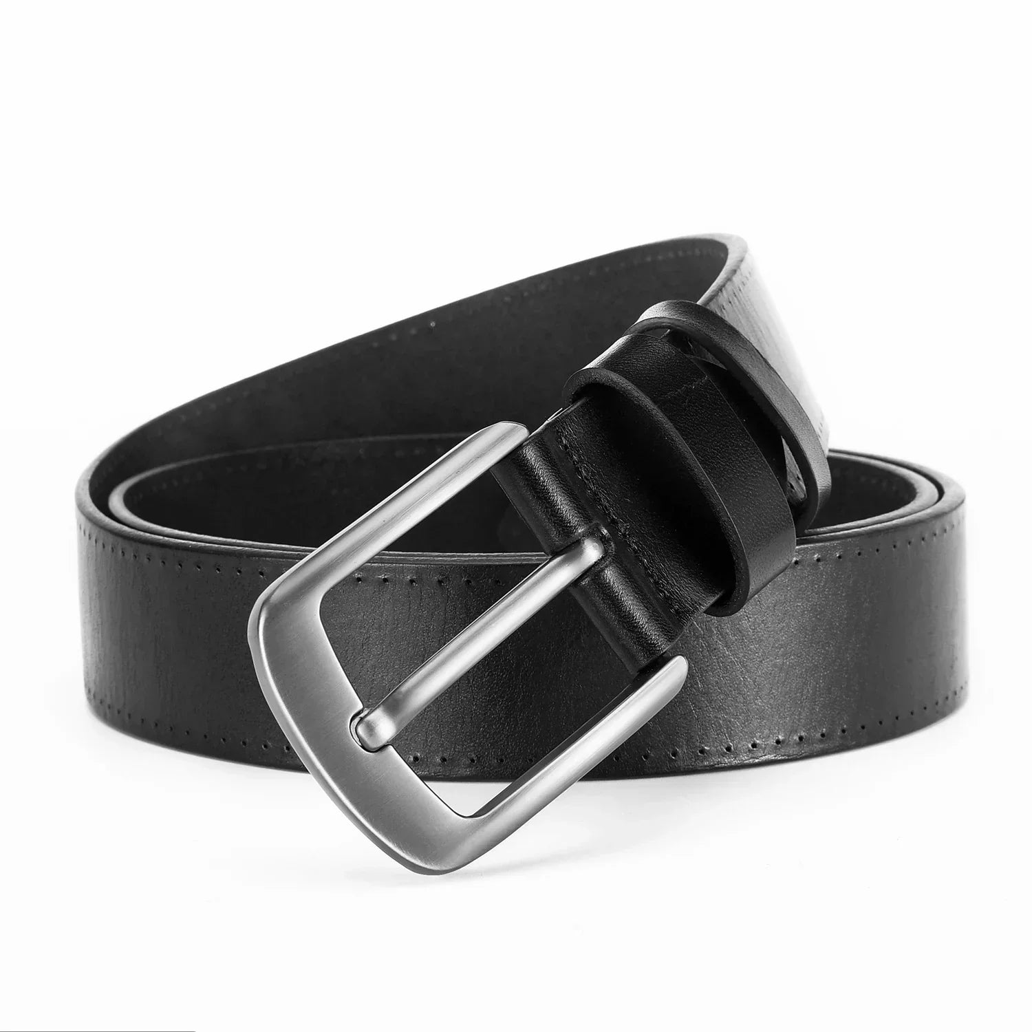 Black leather belt with silver buckle, smooth finish, classic streetwear accessory