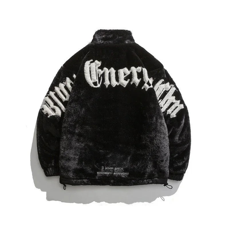 Black faux fur streetwear jacket with white bold gothic lettering and relaxed fit