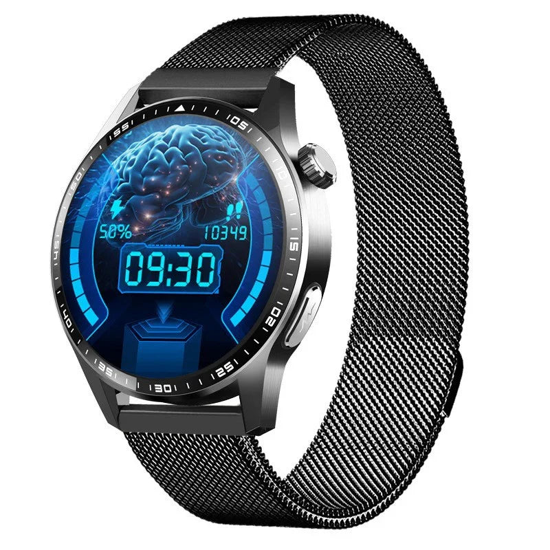 Black mesh band smartwatch with round digital display and futuristic blue interface