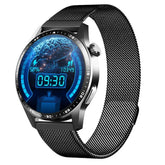 Black mesh band smartwatch with round digital display and futuristic blue interface