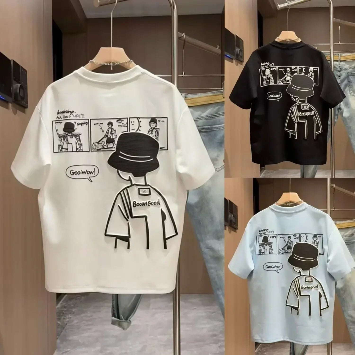 Unisex graphic t-shirts in white, black, and light blue with cartoon comic and relaxed fit.