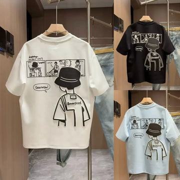 Unisex graphic t-shirts in white, black, and light blue with cartoon comic and relaxed fit.