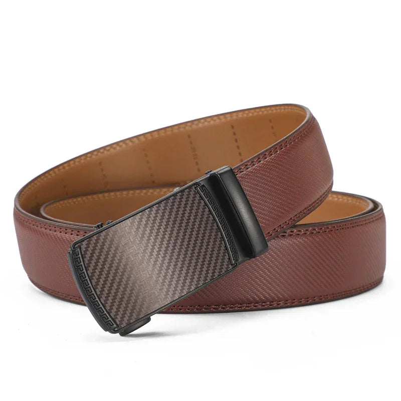 Men's brown leather belt with carbon fiber texture buckle, classic style, adjustable fit