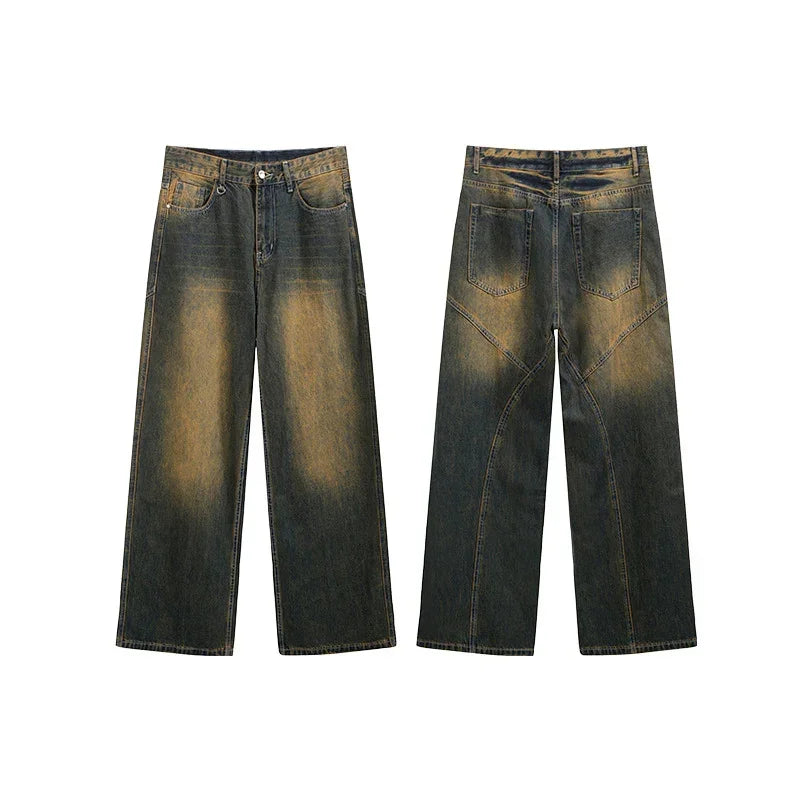 Wide leg faded black jeans with vintage wash and contrast stitching, front and back views