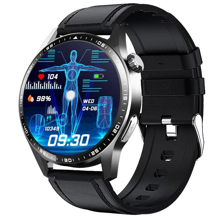 Black leather strap smartwatch with round silver casing, digital health display, sporty fit