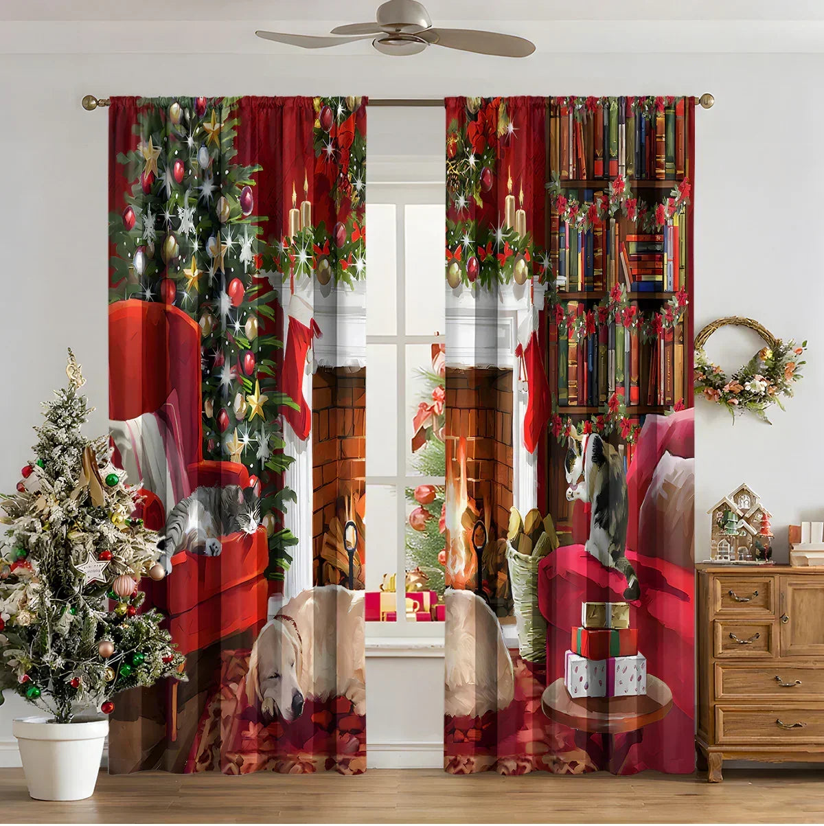 Colorful Christmas-themed curtains featuring a festive living room with a decorated tree, cozy armchairs, a lit fireplace, bookshelves, pets, and holiday gifts.