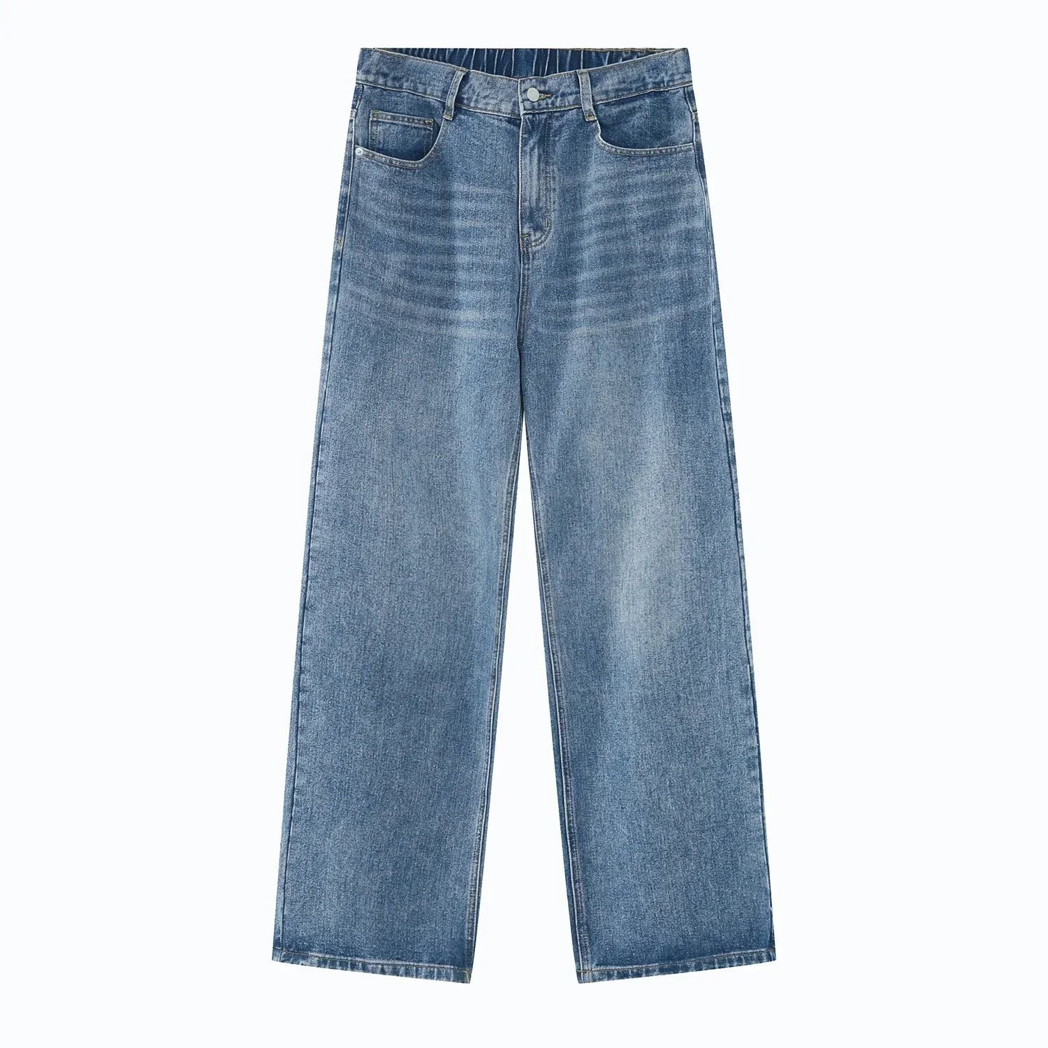 Wide-leg blue denim jeans with a relaxed fit and classic five-pocket design