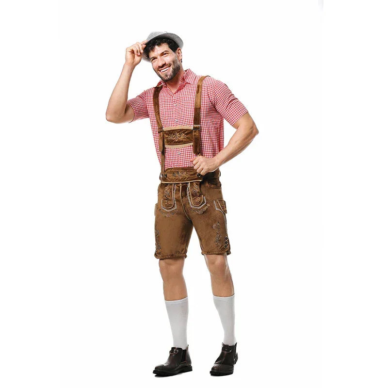 Man wearing brown suede lederhosen, red checkered shirt, knee socks, and loafers
