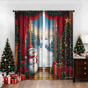 Festive Christmas room with decorated tree, snowman, presents, and winter-themed curtains