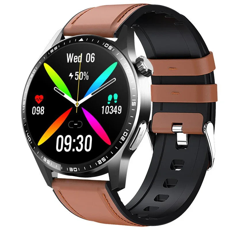 Modern smartwatch with round touchscreen, brown leather strap, and fitness tracking display