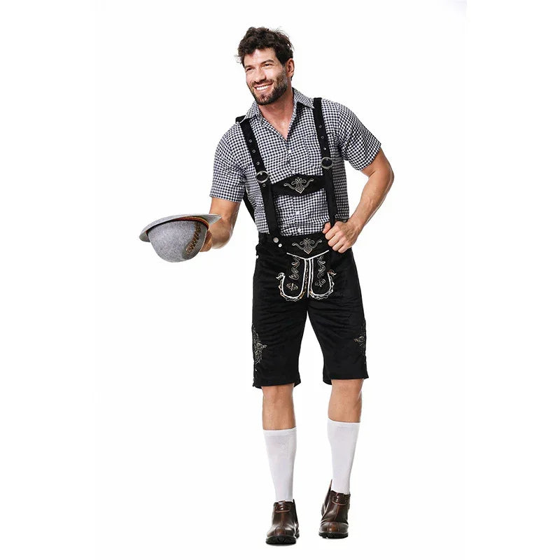 Man wearing black leather lederhosen, checkered shirt, white knee socks, relaxed fit