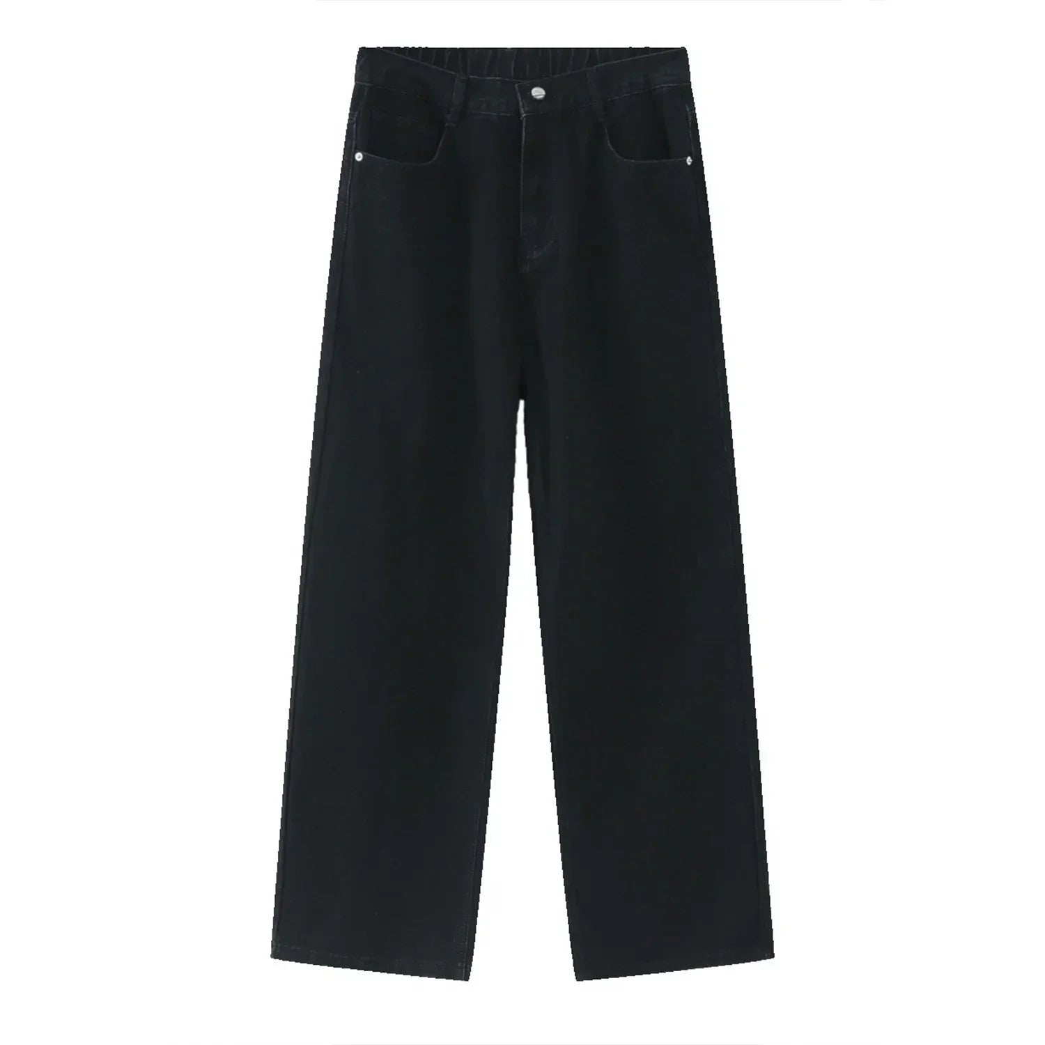 Black wide-leg denim jeans with straight fit and classic five-pocket style