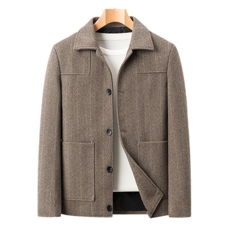 Men's brown herringbone wool jacket with button closure and tailored fit