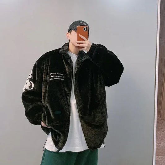 Oversized black faux fur jacket with patch details, casual loose fit streetwear style
