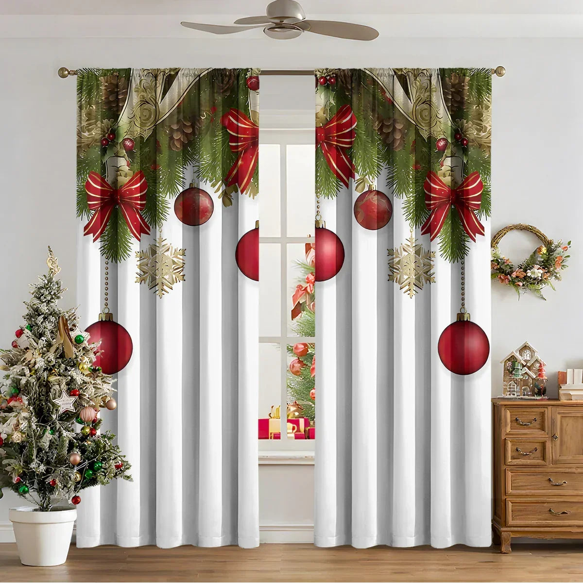White holiday curtains with red bows, pine branches, and Christmas ornament print
