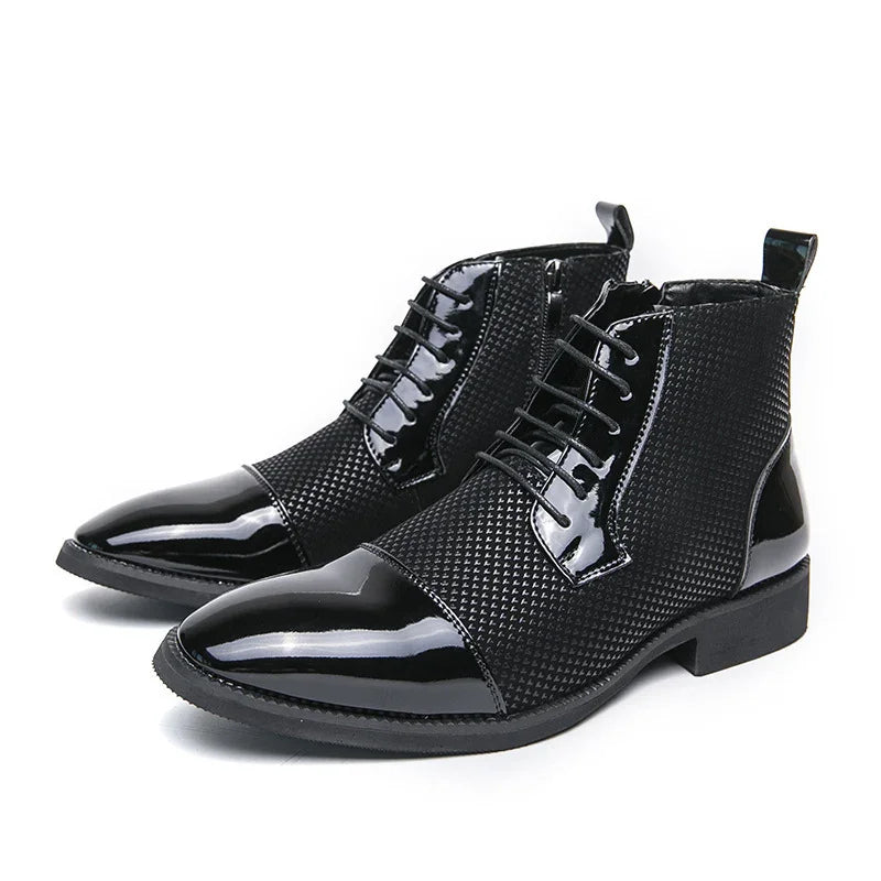 Black patent leather lace-up ankle boots with textured sides and glossy cap toes