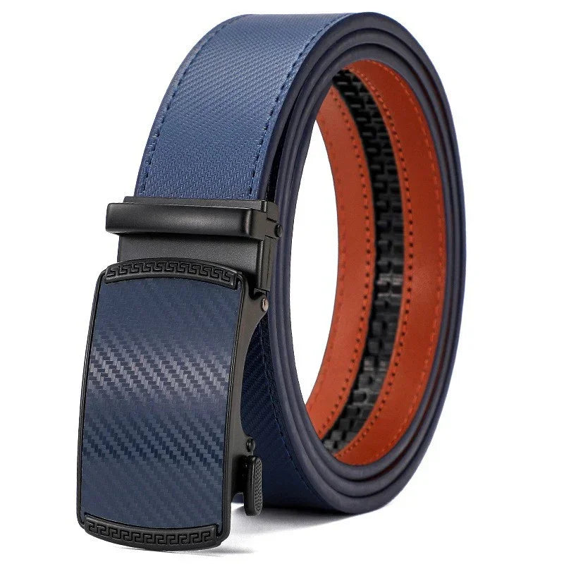 Blue leather belt with carbon fiber texture and black automatic buckle, modern streetwear accessory