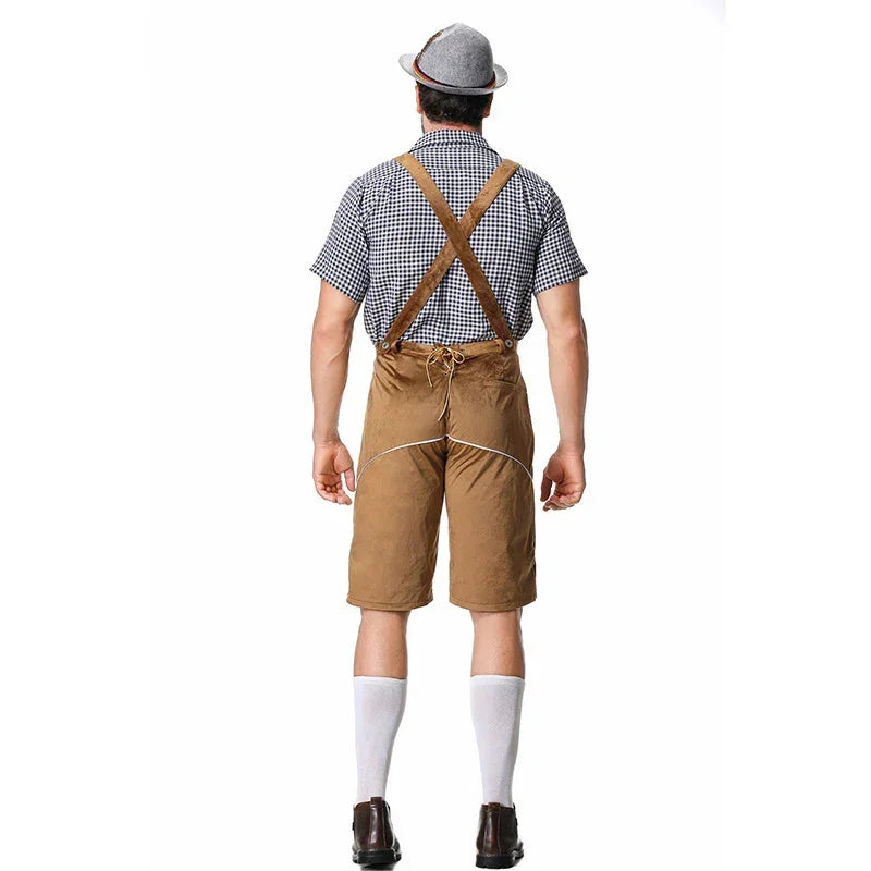 Man wearing brown knee-length lederhosen shorts with suspenders, checkered shirt, white knee socks, and a gray hat, viewed from the back.