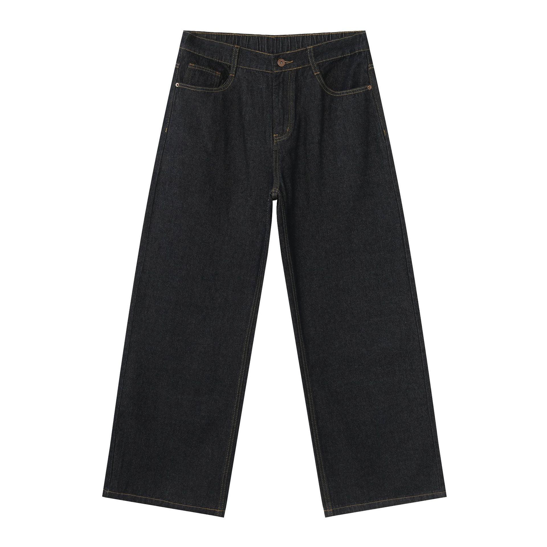 Wide leg black denim jeans with contrast stitching and relaxed fit